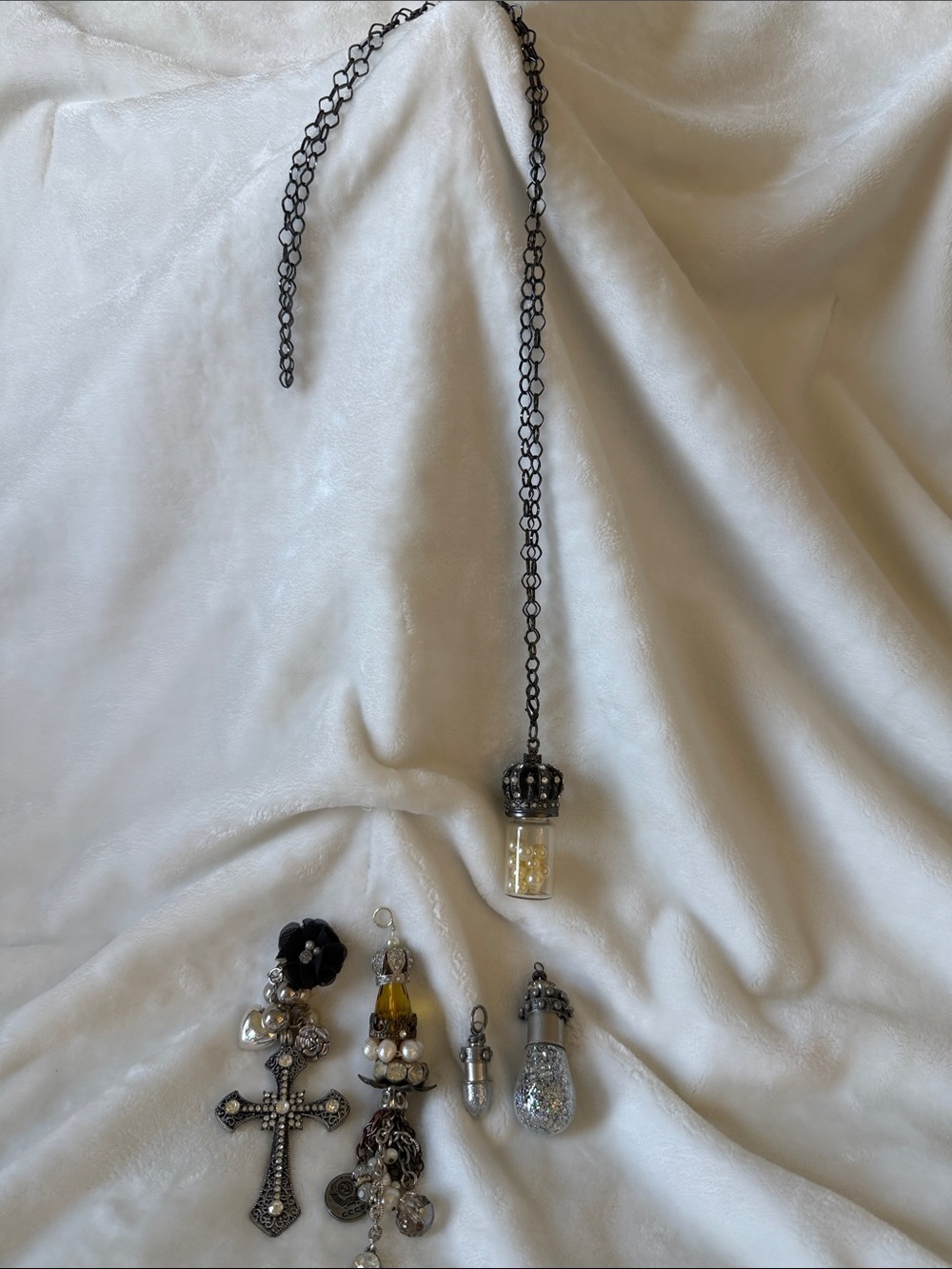 Black Chain Necklace with Crown Vial and Assorted Charms - Women Jewelry